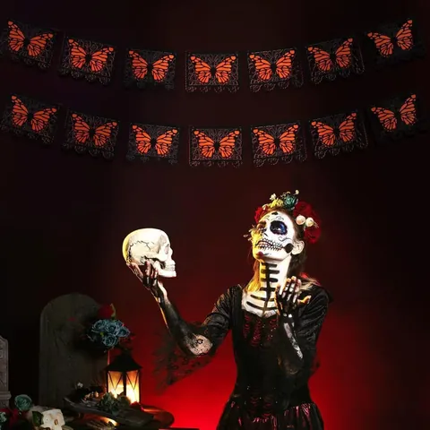 Monarch Butterfly Banner Day Of The Dead Decoration Mexican Ofrenda Party Supplies Hollowed Non-Woven Fabric Bunting Garland