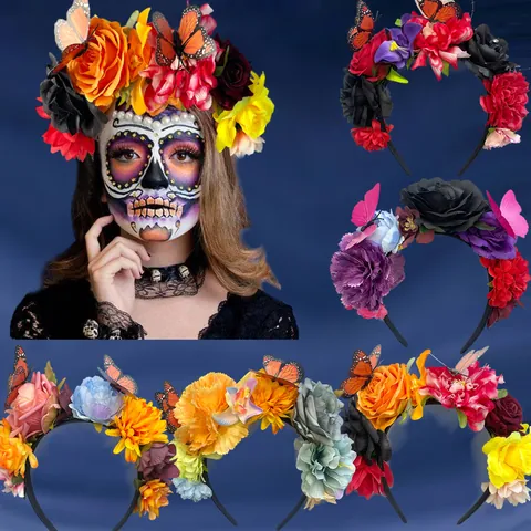 Diadema de Flores de Rosa y Mariposas Corona Floral de Simulación para Carnaval Halloween Día de los Muertos Fiesta de Festival Decoración Mujer Tocado