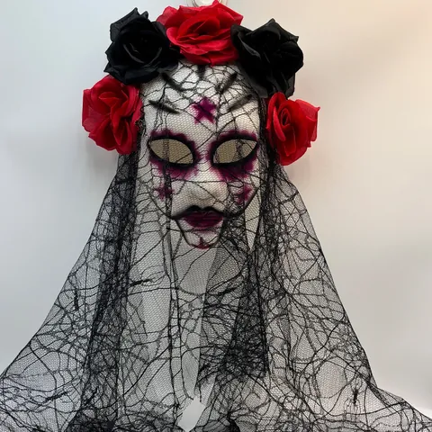 Mexican Day Of The Dead Halloween Mask Gothic Horror Lace Veil Artificial Rose Floral Headpiece For Carnival Cosplay