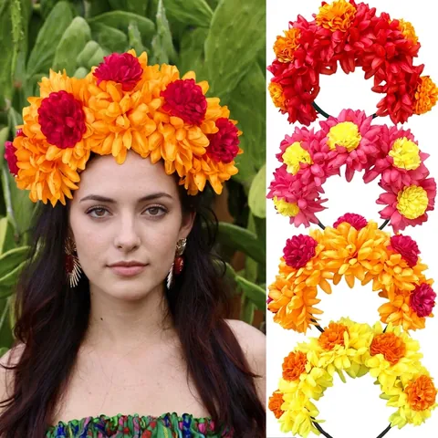 Day Of The Dead Marigold Flower Headband For Women Mexican Festival Carnival Halloween Costume Floral Hair Hoop Headpiece