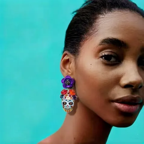 Orecchini Pendenti Halloween Teschio Colorato Smalto Strass per Donna Gotico Fiore Lega di Zinco Intarsiato Gioielli