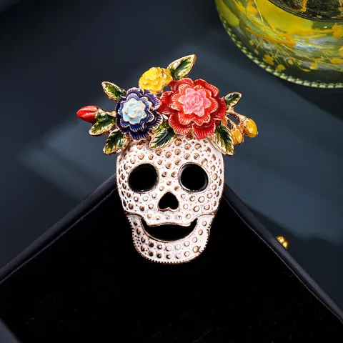 Broche Crâne de Fleur d'Halloween Épingle Alliage de Zinc Strass Émail Gothique Accessoires de Costume pour Femmes Hommes Cadeau