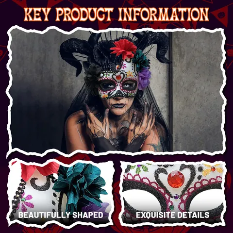 Mexican Day Of The Dead Mask Sugar Skull Floral Masquerade Mask For Halloween Carnival Party Women Fancy Dress Accessories