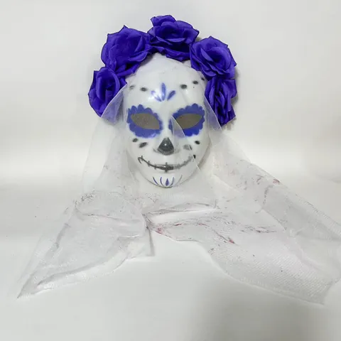 Maschera Piena Giorno dei Morti con Velo Bianco e Fiori Colorati Spaventosa Halloween Festival Fantasmi Cosplay Oggetti Scena Horror