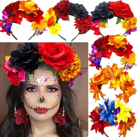 Serre-Tête Fleurs Artificielles Colorées Fait Main Mexicain Jour Des Morts Halloween Carnaval Accessoires De Fête Coiffe Florale 3D Pour Femmes