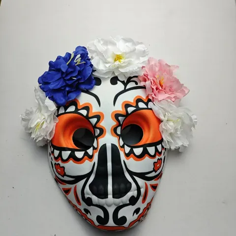 Mexican Day of the Dead Skull Mask with Artificial Flowers Lace Veil Halloween Painted Full Face Mask Cosplay Party Performance Prop