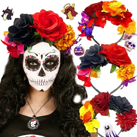 Serre-Tête Fleurs Artificielles Colorées Fait Main Mexicain Jour Des Morts Halloween Carnaval Accessoires De Fête Coiffe Florale 3D Pour Femmes