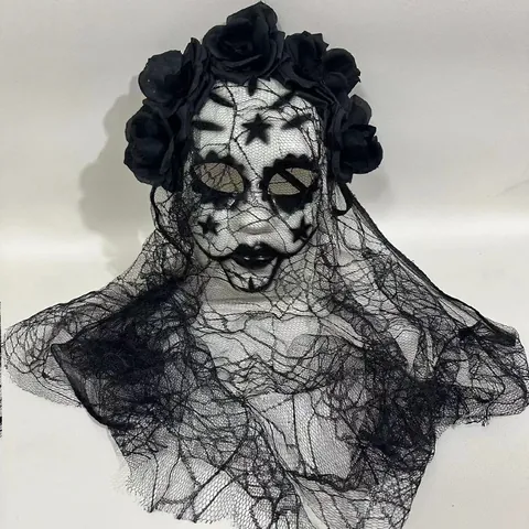 Mexican Day of the Dead Masquerade Mask with Roses and Lace Veil for Halloween Carnival Cosplay Gothic Horror Skeleton Mask for Women
