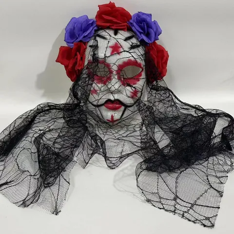 Mexican Day of the Dead Masquerade Mask with Roses and Lace Veil for Halloween Carnival Cosplay Gothic Horror Skeleton Mask for Women