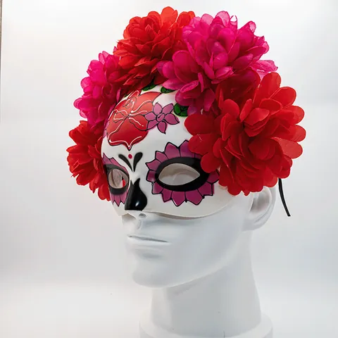 Mexican Day of the Dead Masquerade Mask For Women Halloween Sugar Skull Half Face Mask With Red Pink Artificial Flowers
