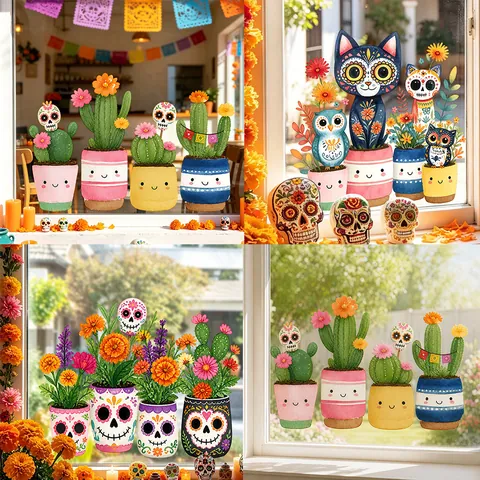 Autocollants De Fenêtre Jour Des Morts Crane De Sucre Chat Hibou Souci Adhérence Statique Stickers Pour Festival Mexicain Maison