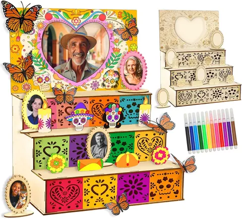 DIY Day of the Dead Wooden Altar Mexican Dia de los Muertos Ofrenda Tiered Display Stand with Photo Frames and Colorful Markers for Festival Decoration