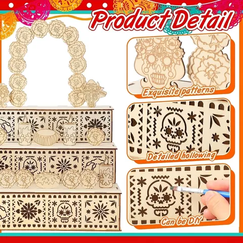 Decorazione Altare Fai-da-te a 3 Livelli in Legno Giorno Dei Morti Messico per Festa Halloween Arredamento Casa Intagliato Design Teschio