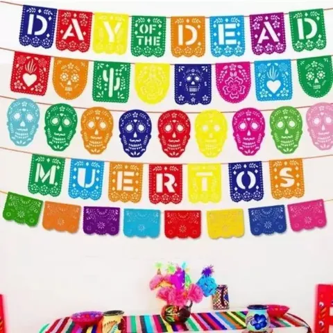 Mexican Day Of The Dead Banner Felt Hollow Rainbow Bunting Banners Papel Picado Flags Party Supplies For Festive Celebration Home Outdoor Decorations