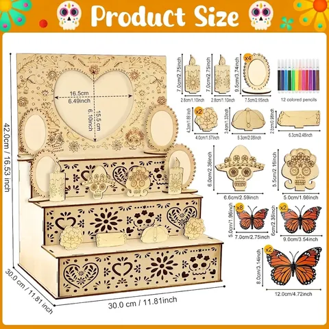 DIY Day of the Dead Wooden Altar Mexican Dia de los Muertos Ofrenda Tiered Display Stand with Photo Frames and Colorful Markers for Festival Decoration