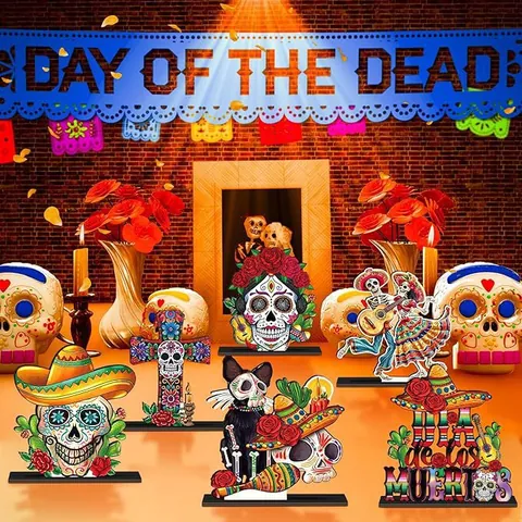Day of the Dead Wooden Tabletop Ornaments Sugar Skull Dancing Skeleton Cross Decorative Standee for Halloween Party Home Decor