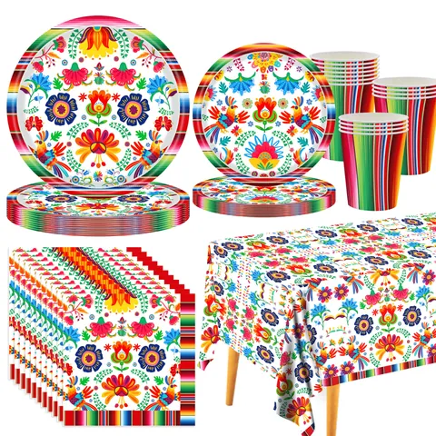 Mexikanische Fiesta Tag Der Toten Partyartikel Otomi Blumenmuster Bedruckte Pappteller Servietten Tischdecke Einweggeschirr