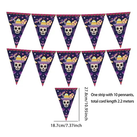 Banderole Mexicaine du Jour des Morts Crâne Drapeaux Triangulaires Guirlande Polyester pour Décoration Extérieure Halloween