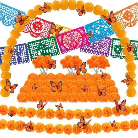 Kit de Décoration Jour Des Morts Mexicain Papel Picado Bannière Guirlande de Soucis Papillon pour Halloween Fiesta Party Decor