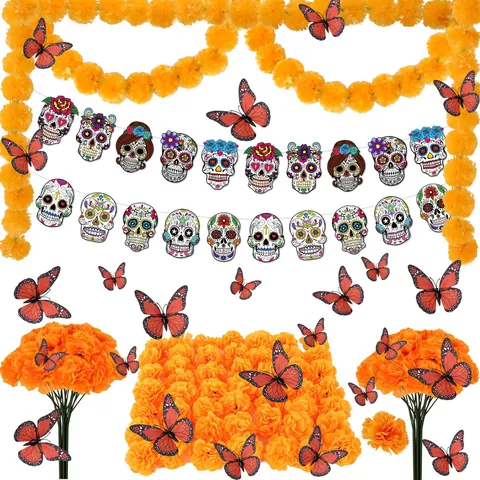 Mexicain Jour des Morts Décorations Marigold Guirlande Soie Papillon Plastique Papel Picado Bannière Halloween Fête Décor