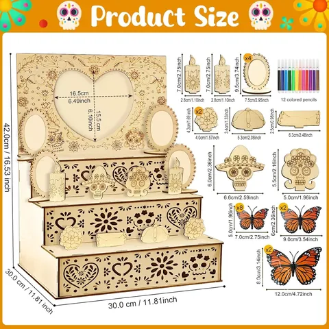 Altare in Legno Fai-da-te per il Giorno dei Morti Espositore a Livelli Messicano Dia de los Muertos Ofrenda con Cornici per Foto e Pennarelli Colorati per la Decorazione del Festival