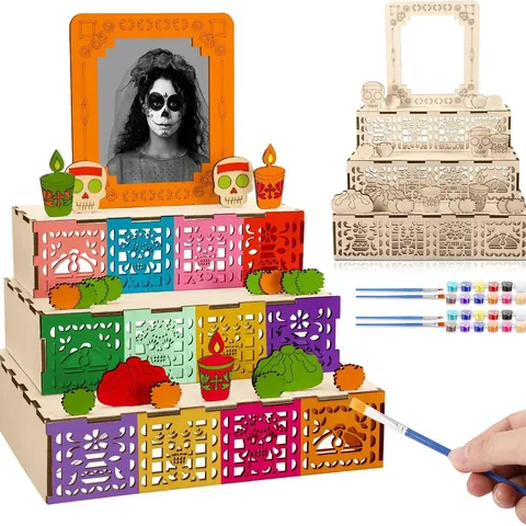 Tag Der Toten Altar Holz Fotorahmen DIY Halloween Schreibtisch Ornament Lasergeschnittenes Holz Schädel Ofrenda Gedenkgeschenk Für Kinder