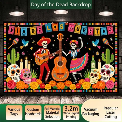 Toile de Fond Mexicaine Jour Des Morts Squelette Guitare Mariachi Tapisserie Pour Carnaval Fête Décoration Murale