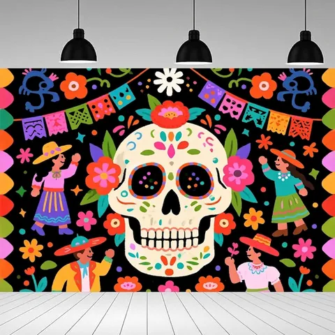 Mexikanischer Tag Der Toten Hintergrund Banner Bunte Zucker Schädel Ringelblume Floral Fotografie Hintergrund Für Party Dekorationen