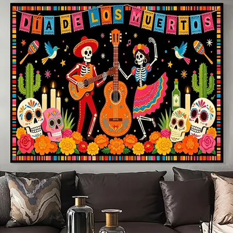 Toile de Fond Mexicaine Jour Des Morts Squelette Guitare Mariachi Tapisserie Pour Carnaval Fête Décoration Murale