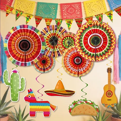 Carnaval Mexicain Jour Des Morts Décoration De Fête Set Éventails En Papier Colorés Cactus Sombrero Taco Guitare Décoration Murale Collection