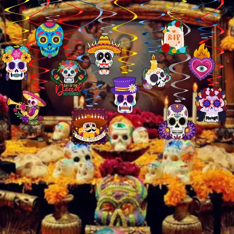 Day Of The Dead Party Decorations Mexican Dia De Muertos Hanging Swirls Colorful Skull Floral Pattern Spiral Streamers Festive Home Ceiling Layout Ornaments