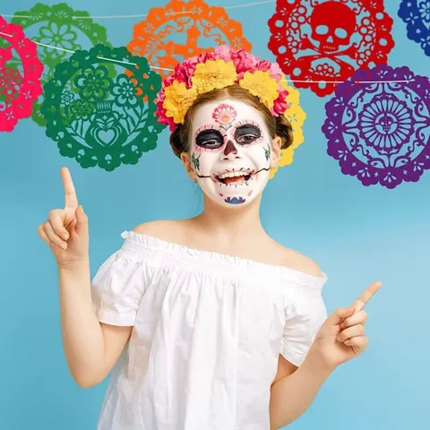 Banderines de Fieltro Mexicanos Día de los Muertos Redondos Multicolor Calado Papel Picado Guirnalda Halloween Fiesta Carnaval Decoración