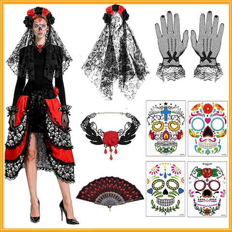 Set Cosplay Sposa Cadavere Giorno Dei Morti Con Velo In Pizzo Rosso Nero Ventaglio Guanti Collana E Adesivi Tatuaggi Halloween