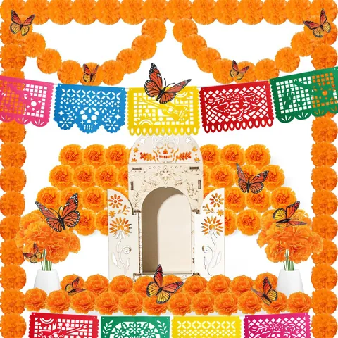 Mexikanische Tag der Toten Partydekoration Papel Picado Banner Studentenblume Blumengirlande Monarchfalter Ofrenda Dekor