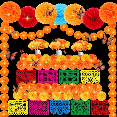 Tag der Toten Dekoration Mexikanische Studentenblumen Monarchenschmetterling Papel Picado Banner Girlande Für Dia de los Muertos Party Altar Deko