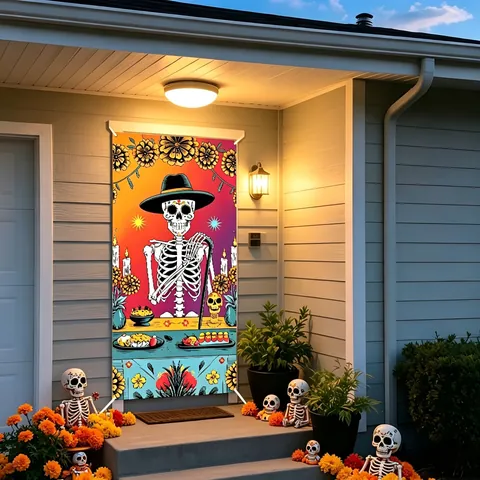 Mexikanischer Tag Der Toten Türbanner Polyester Wandbehang Skelett Studentenblume Floral Bedruckt Party Haus Wanddeko Hintergrundtuch