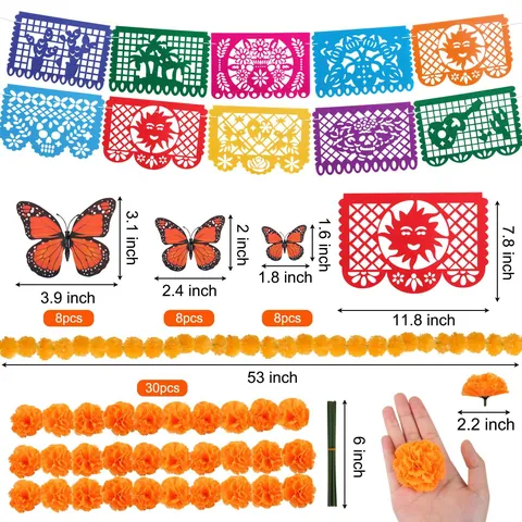 Kit de Décoration Jour Des Morts Mexicain Papel Picado Bannière Guirlande de Soucis Papillon pour Halloween Fiesta Party Decor