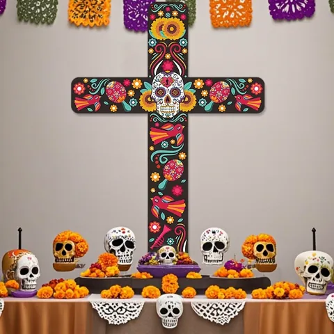 Day Of The Dead Cross Wall Decor Mexican Festival Sugar Skull Floral Printed Cardboard Hanging Ornaments Halloween Party Decoration