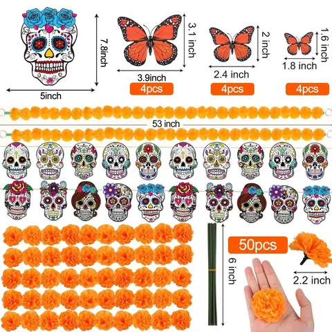 Mexicain Jour des Morts Décorations Marigold Guirlande Soie Papillon Plastique Papel Picado Bannière Halloween Fête Décor