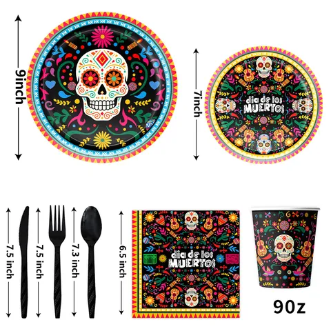Mexikanisches Dia De Los Muertos Partygeschirr Zuckerschädel Bedruckte Teller Servietten Becher Banner Tischdecke Dekoration