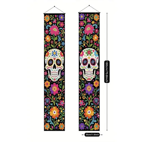 Banner per Porta del Giorno dei Morti Messicano Scheletro Teschio di Zucchero Banner Appeso Decorazione del Banner Per Dia De Los Muertos Festa Cortile Giardino Casa Esterno Poliestere Arazzo