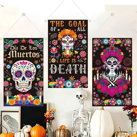 Mexican Day Of The Dead Party Decoration Hanging Banner Wall Backdrop Sugar Skull Catrina Vintage Fabric Festival Door Decor