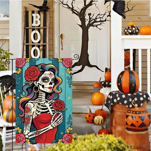 Mexicaanse Dag van de Doden Tuinvlag Suikerschedel Bloemrijk Polyester Linnen Banner Buitenplaats Feest Decoratie Welkomstbord