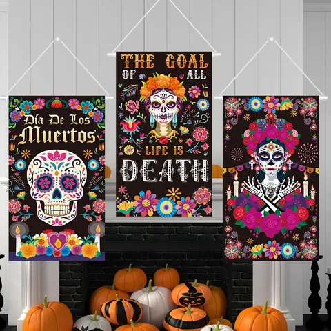 Mexican Day Of The Dead Party Decoration Hanging Banner Wall Backdrop Sugar Skull Catrina Vintage Fabric Festival Door Decor