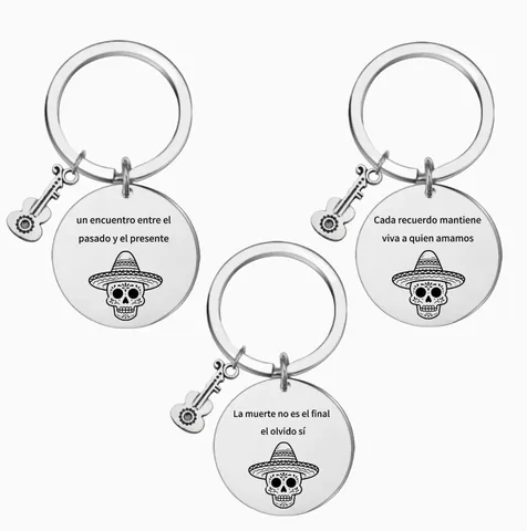 Mexikanischer Tag der Toten Edelstahl Schlüsselanhänger Zuckerschädel Gitarre Anhänger Spanisches Zitat Gedenkschmuck