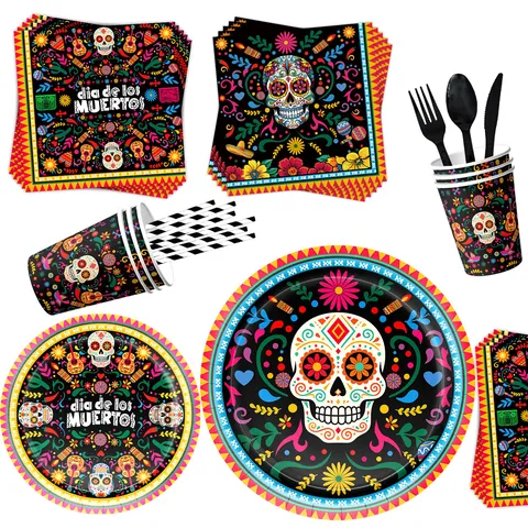 Mexikanisches Tag Der Toten Party Deko Set Einweg Papierteller Tassen Servietten Tischdecke Banner Layout Requisiten Party Zubehör