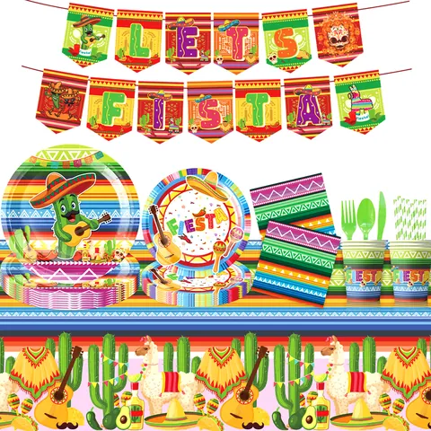 Stoviglie per Feste Messicane Fiesta Giorno dei Morti Piatti Tovaglioli Bicchieri Tovaglia Striscione con Stampa Cactus Sombrero