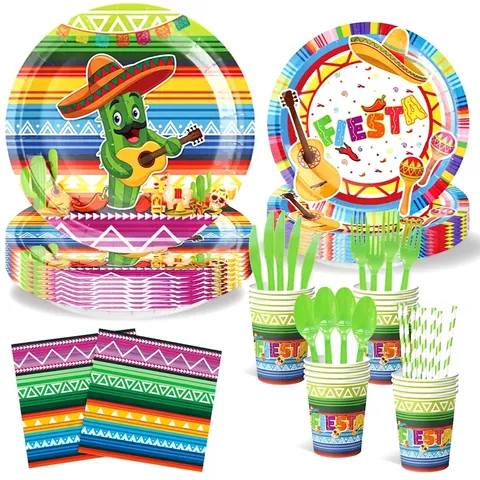 Stoviglie per Feste Messicane Fiesta Giorno dei Morti Piatti Tovaglioli Bicchieri Tovaglia Striscione con Stampa Cactus Sombrero