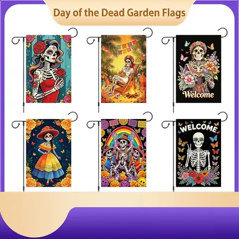 Mexicaanse Dag van de Doden Tuinvlag Suikerschedel Bloemrijk Polyester Linnen Banner Buitenplaats Feest Decoratie Welkomstbord