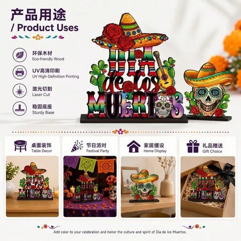 Adorno De Mesa Mexicano Día De Los Muertos Madera 3D Capas Calavera De Azúcar Sombrero Guitarra Escultura Cultura Tradicional Fiesta